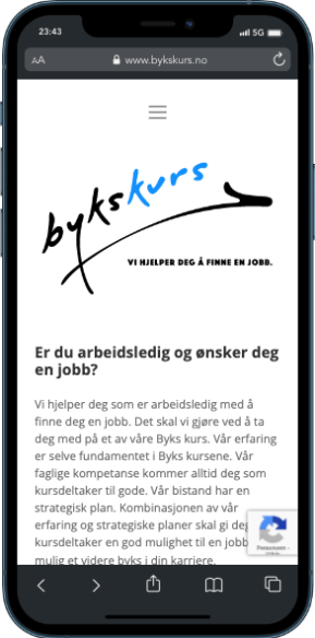 Mobiltelefon som viser hjemmesien til Bykskurs.no