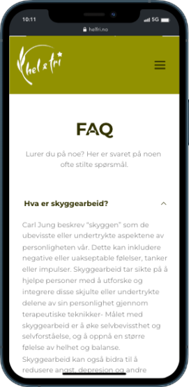 Mobiltelefon som viser FAQ på Helfri.no