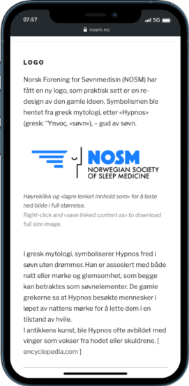 Mobiltelefon som viser en logosiden til Nosm.no